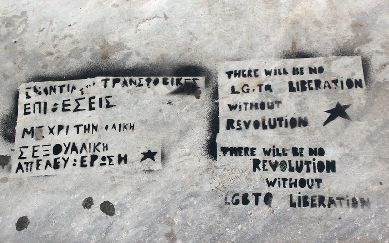 Graffiti that reads "There will be no LGBTQ liberation with revolution. There will be no revolution without LGBTQ liberation."