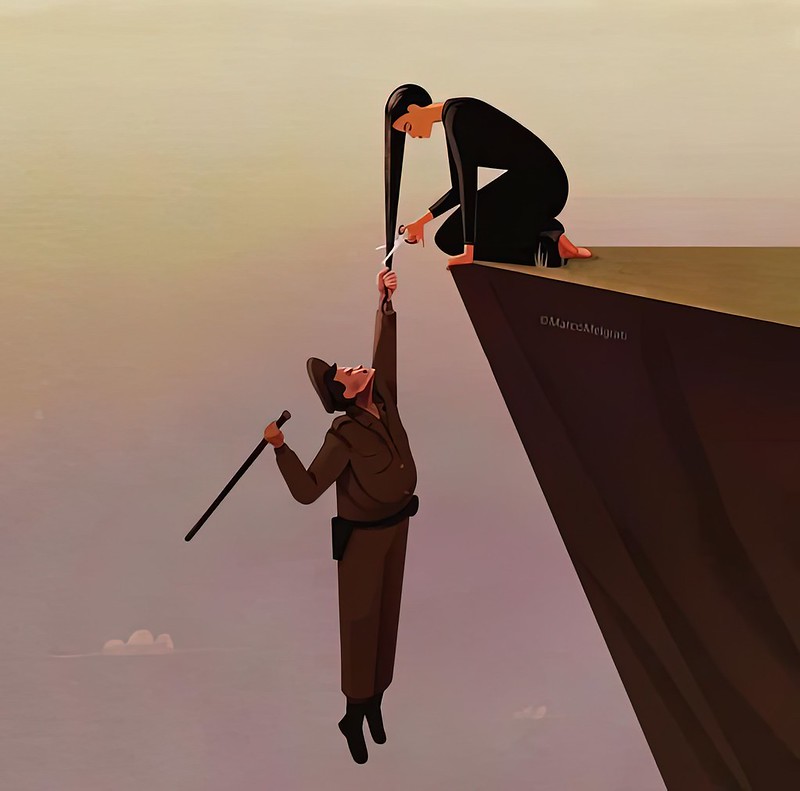 Illustration of a woman kneeling at the edge of a cliff, her long hair hanging over the edge. An Iranian Revolutionary Guard member hangs in the air, clinging from the woman's hair. The woman holds scissors and is cutting off her hair.