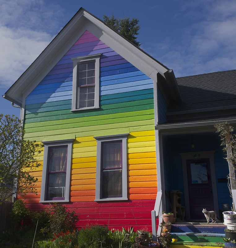 Front of a house painted in rainbow colors, with a grey cat sitting on the steps.