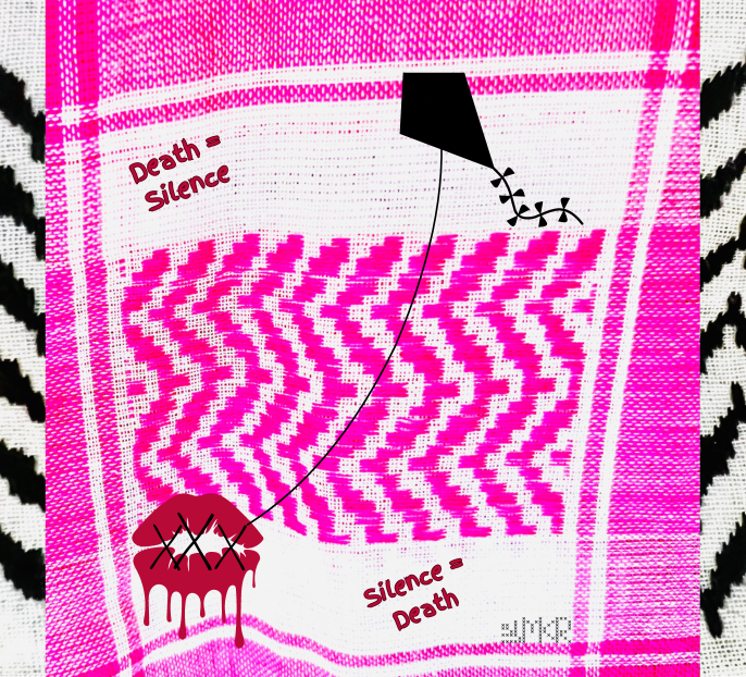 Bright pink and white woven fabric art, with red lips sticked shut by the string connected to a kite and two lines of text: death = silence and silence = death