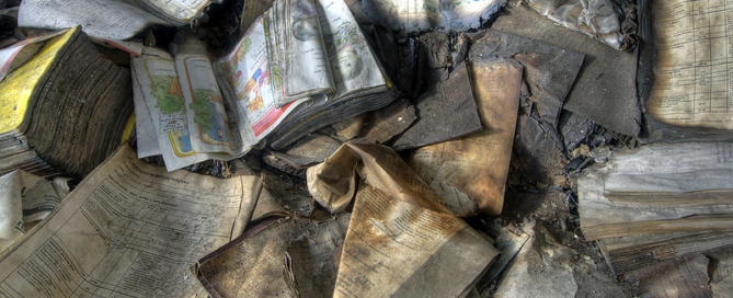 A sloppy pile of burned books