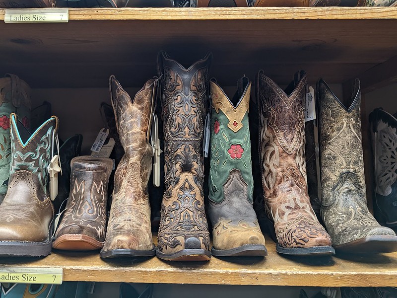 A row of decorated cowboy boots