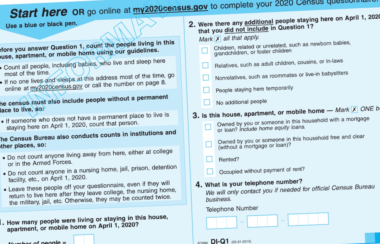 Part of page one of the U.S. 2020 census questionnaire